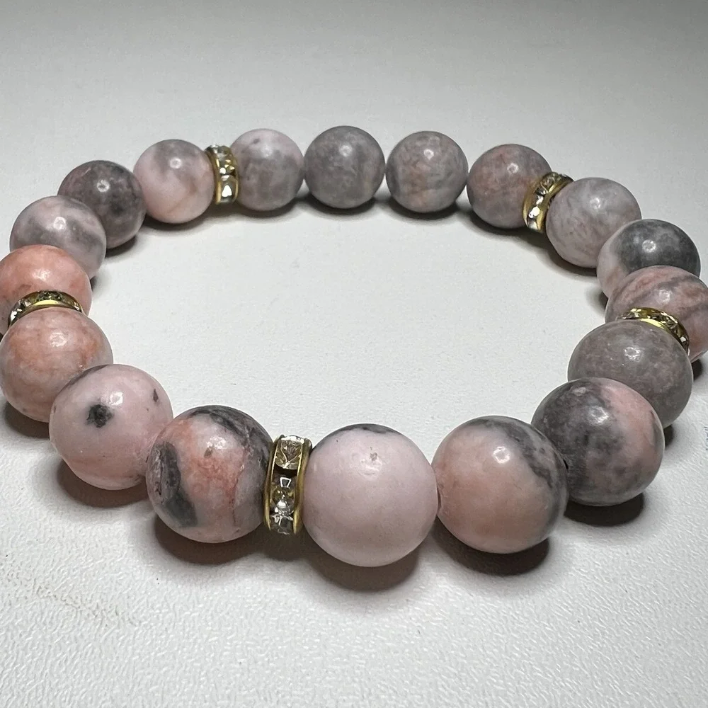 Vintage‎ Natural Pink Zebra Jasper, Crystal & Rhinestone Stretch Beaded Bracelet